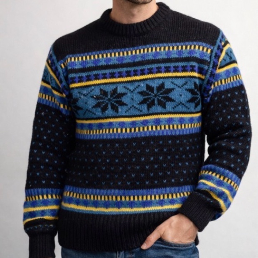 Vintage 80s 90s Fair Isle Nordic Wool Blend Ski Sweater Medium Snowflake Retro